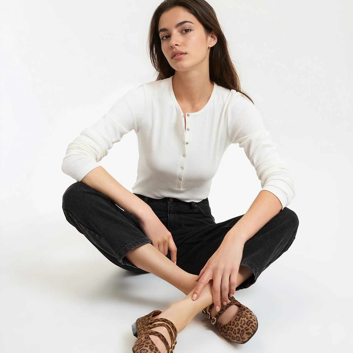T-shirt scollo tunisino, maniche lunghe avorio, LA REDOUTE COLLECTIONS