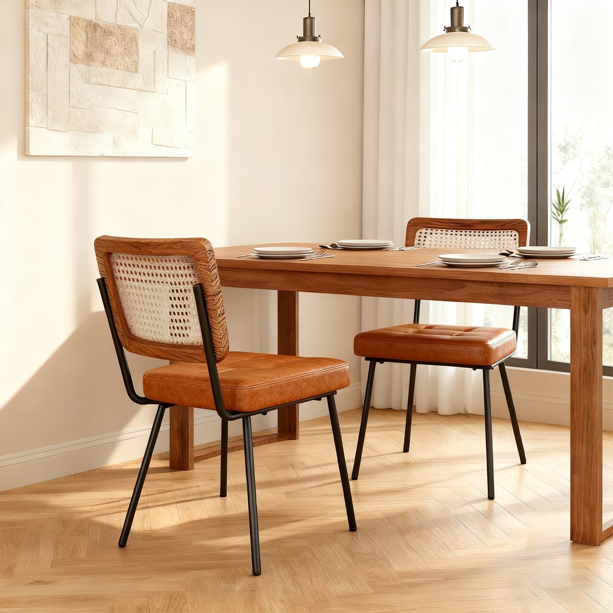 Lot de 2 chaises de salle à manger en simili cuir avec dossier en rotin PE style rétro moderne, KAROMIR marron, MEUBLES COSY