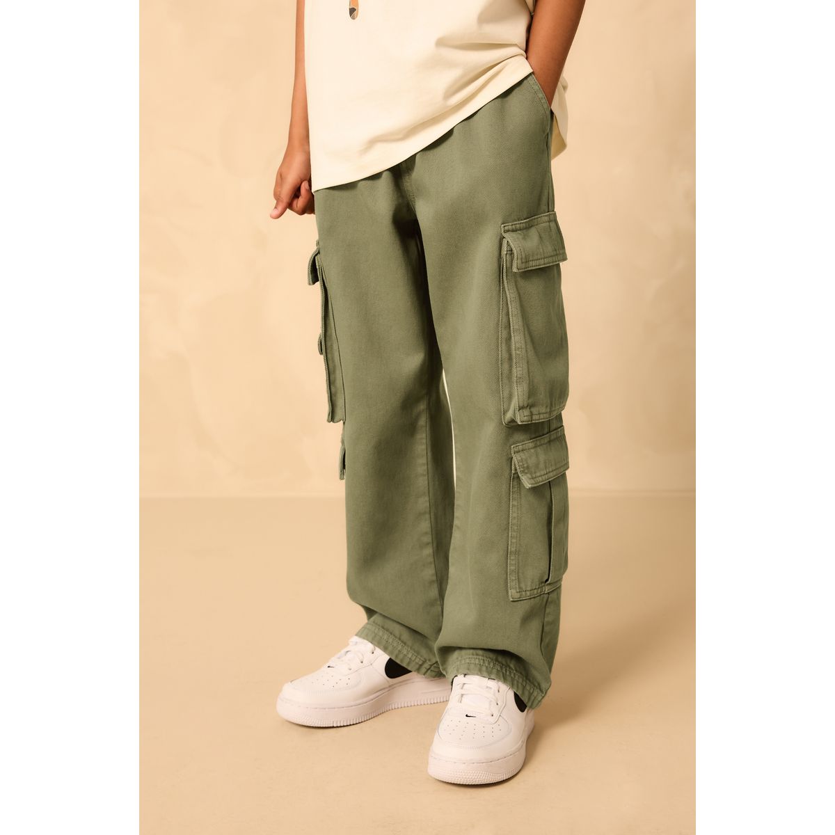 Pantalon cargo en coton sergé tissé vert kaki, NEXT