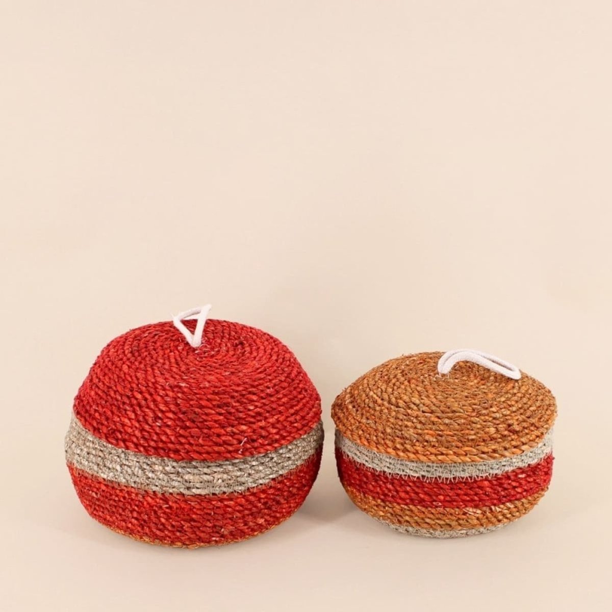 Lot de 2 paniers rayés à couvercle fibres naturelles rouge, naturel rouge, ORNAMI