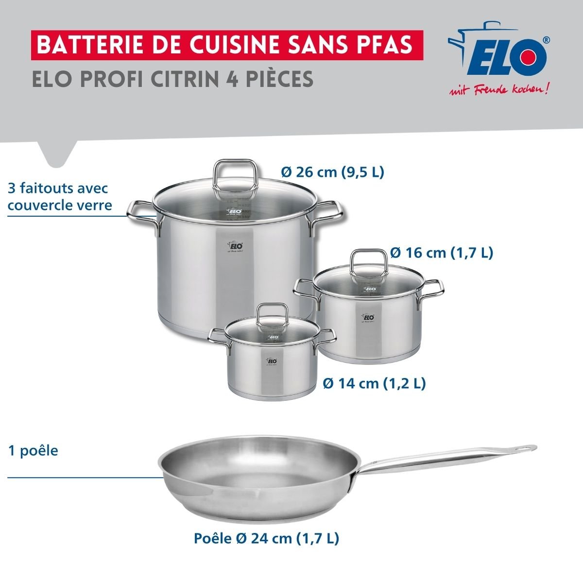 Batterie 1 poêle 24cm + 3 faitouts 14/16/26cm PROFI CITRIN gris, ELO