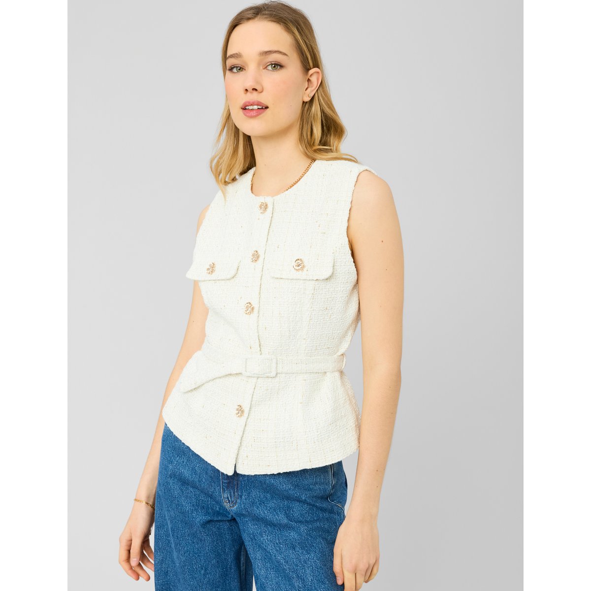 Veste en tweed sans manches blanc écru, BZB