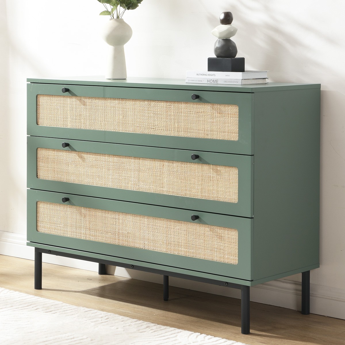 Commode 3 tiroirs en cannage - LUMA vert, HOMIFAB