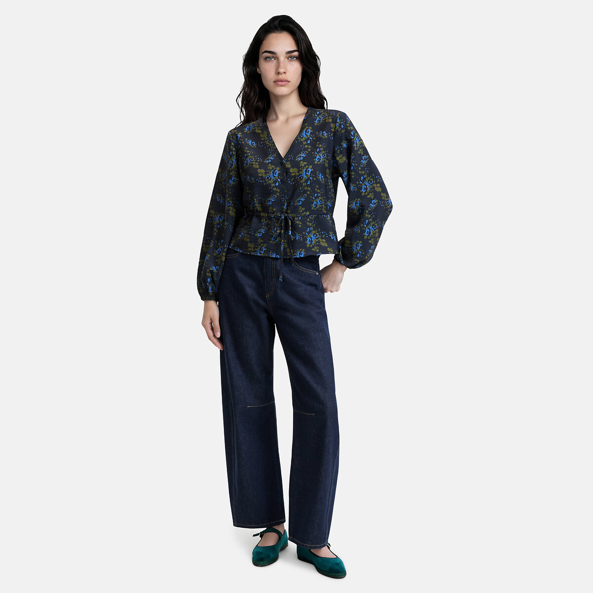 Floral Print Long Sleeve V-Neck Blouse floral print/navy background, LA REDOUTE COLLECTIONS