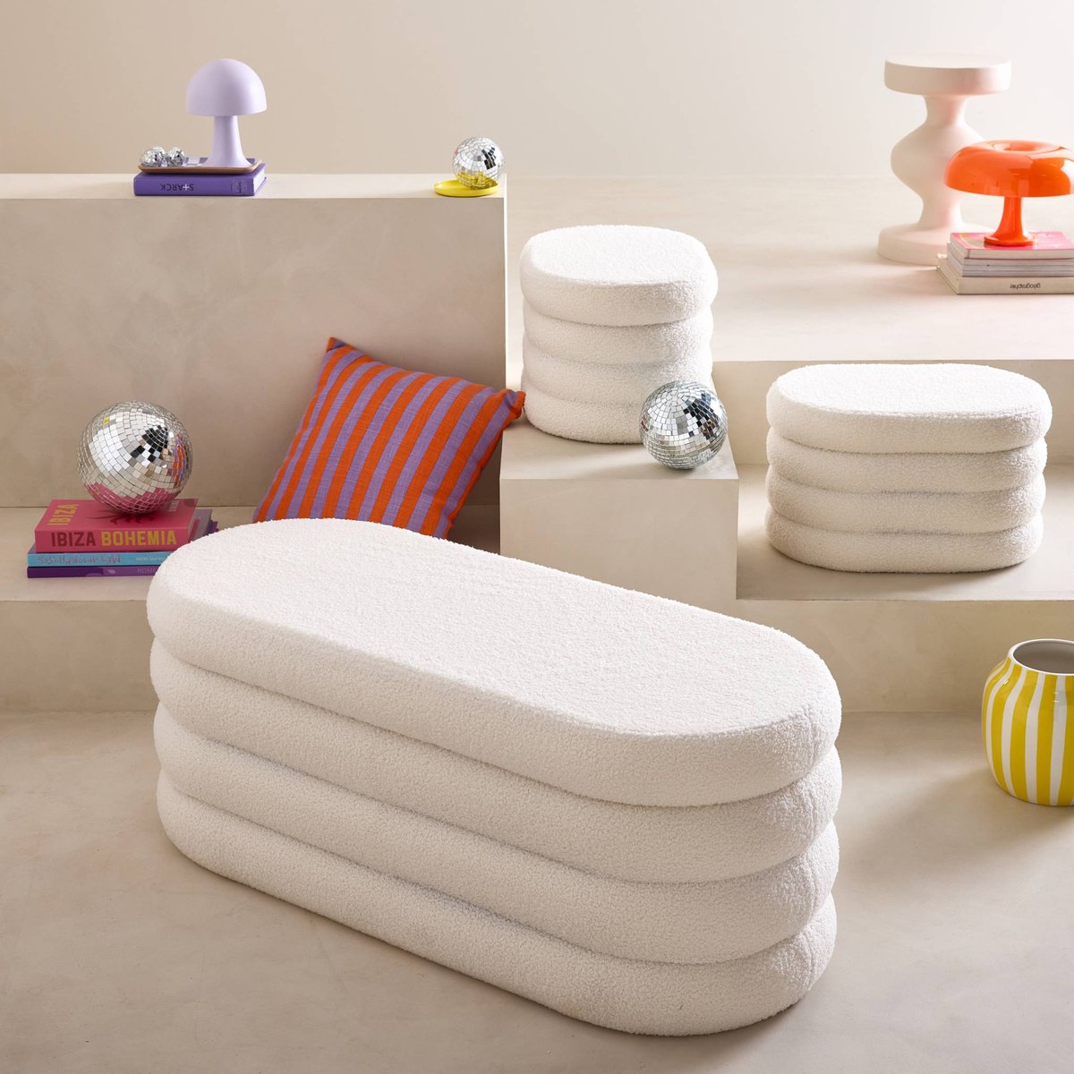Banc coffre avec 2 poufs de rangement bouclette SNOW blanc, SWEEEK