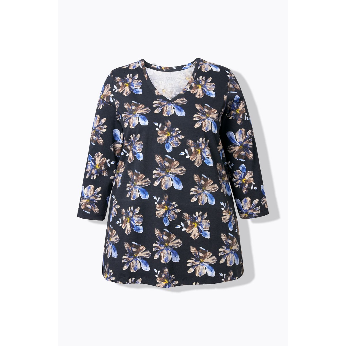 T-shirt décolleté en V et manches 3/4 noir, ULLA POPKEN