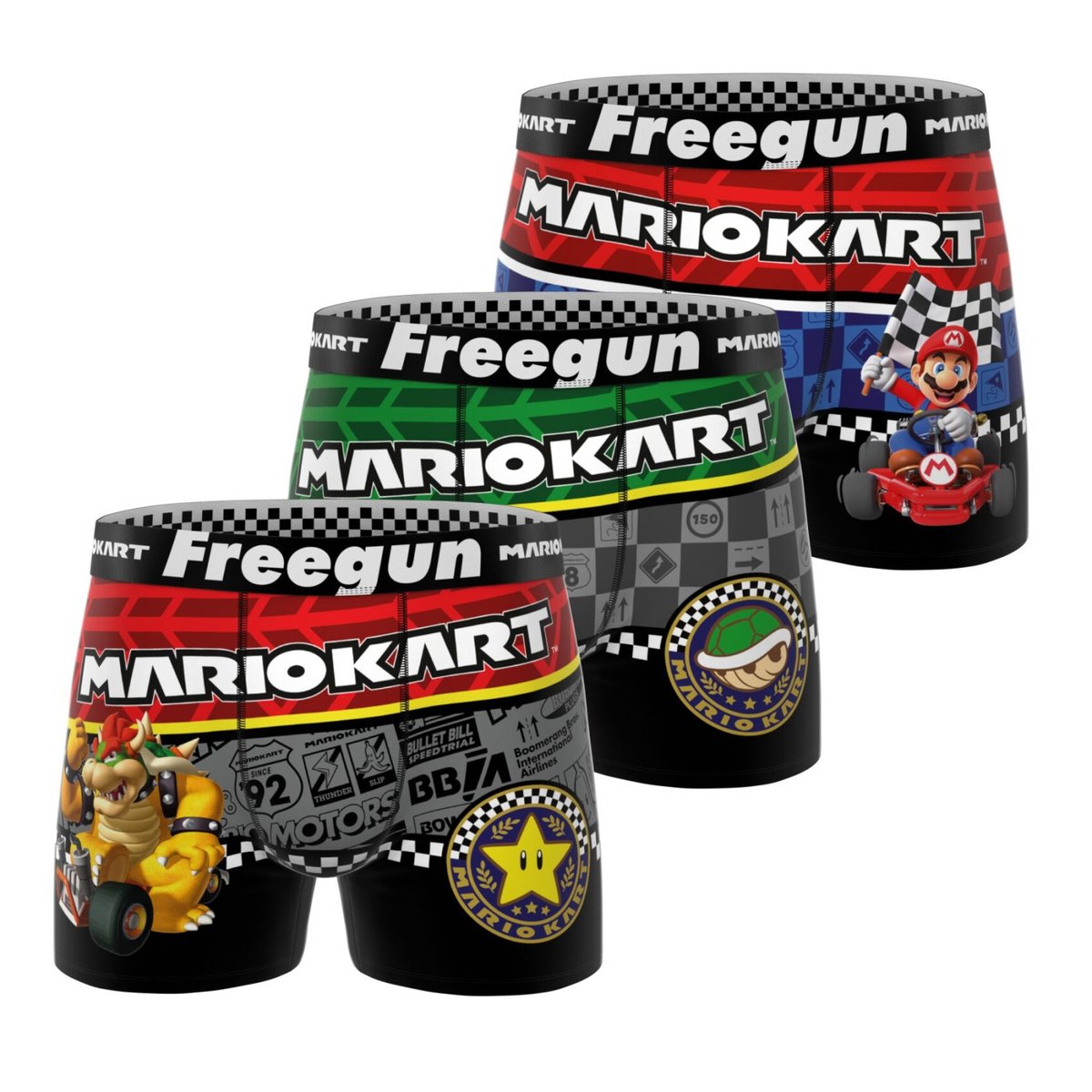Lot De 3 Boxers Mario Kart rouge/noir/bleu/vert/gris/blanc, FREEGUN