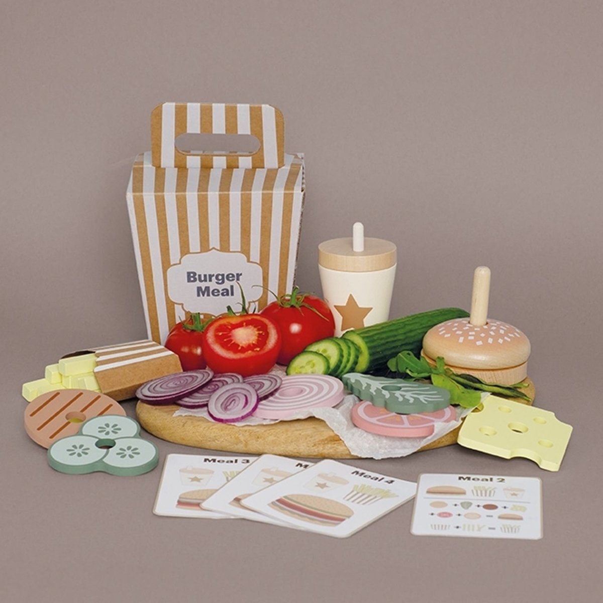 Jouet en bois dinette menu burger beige, JABADABADO