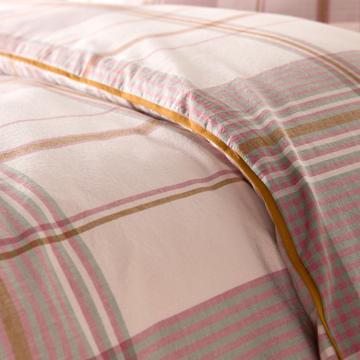 Housse de couette en coton lavé, carreaux en tissé-teint, DOLLON carreaux fond rose, LA REDOUTE INTERIEURS