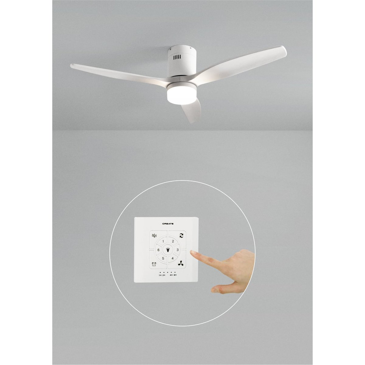 Ventilateur de plafond 40W avec lumière et contrôleur mural WIND CALM NATURAL WOOD blanc/blanc, CREATE