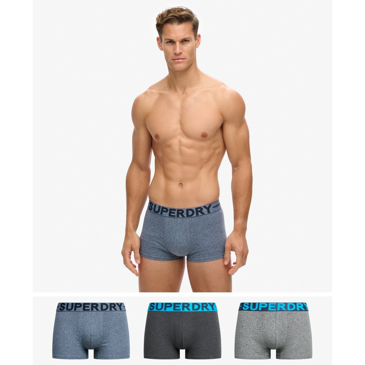 Lot de 3 boxers unis noir corbeau chiné/karst ultra noir poudré/bleu poussière clair, SUPERDRY
