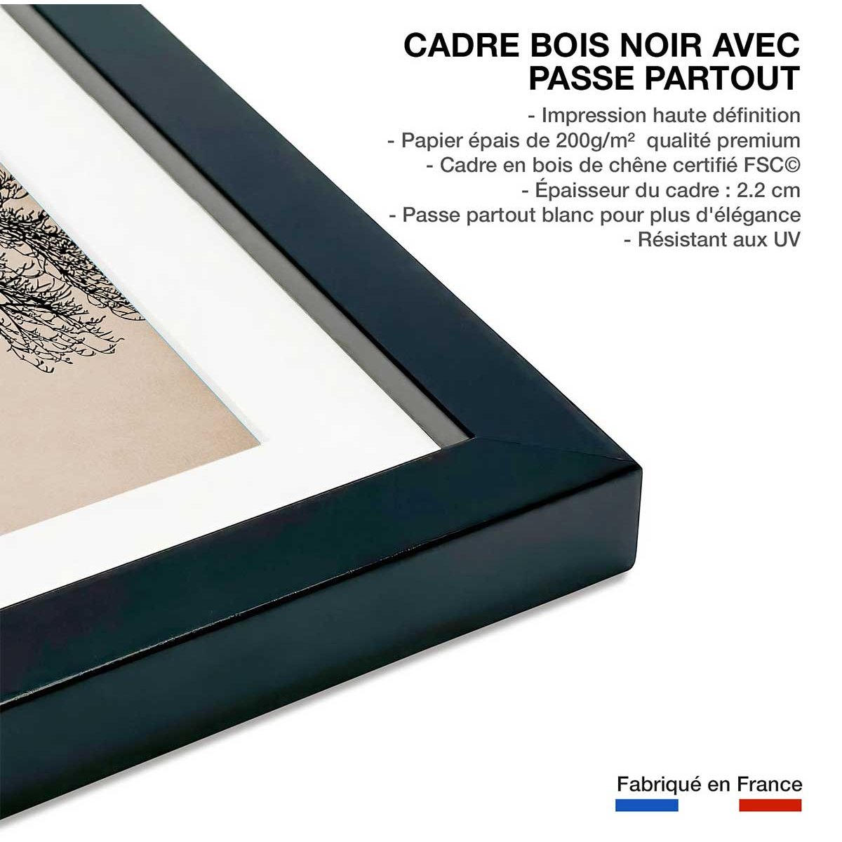 Affiche dessin ""Arbre scintillant"" affiche + cadre en bois - noir, HEXOA