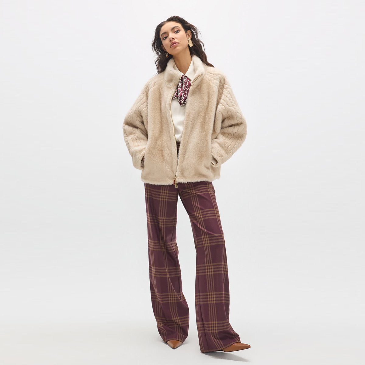 Pantalon large à carreaux taille haute bordeaux, LOLA CASADEMUNT