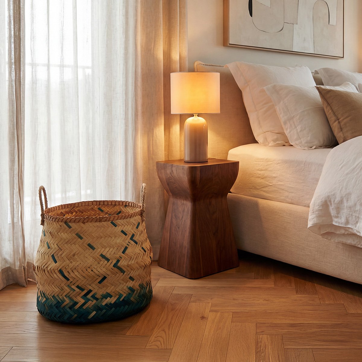 Panier bambou naturel et bleu v002237, MAISON AUBERTIN