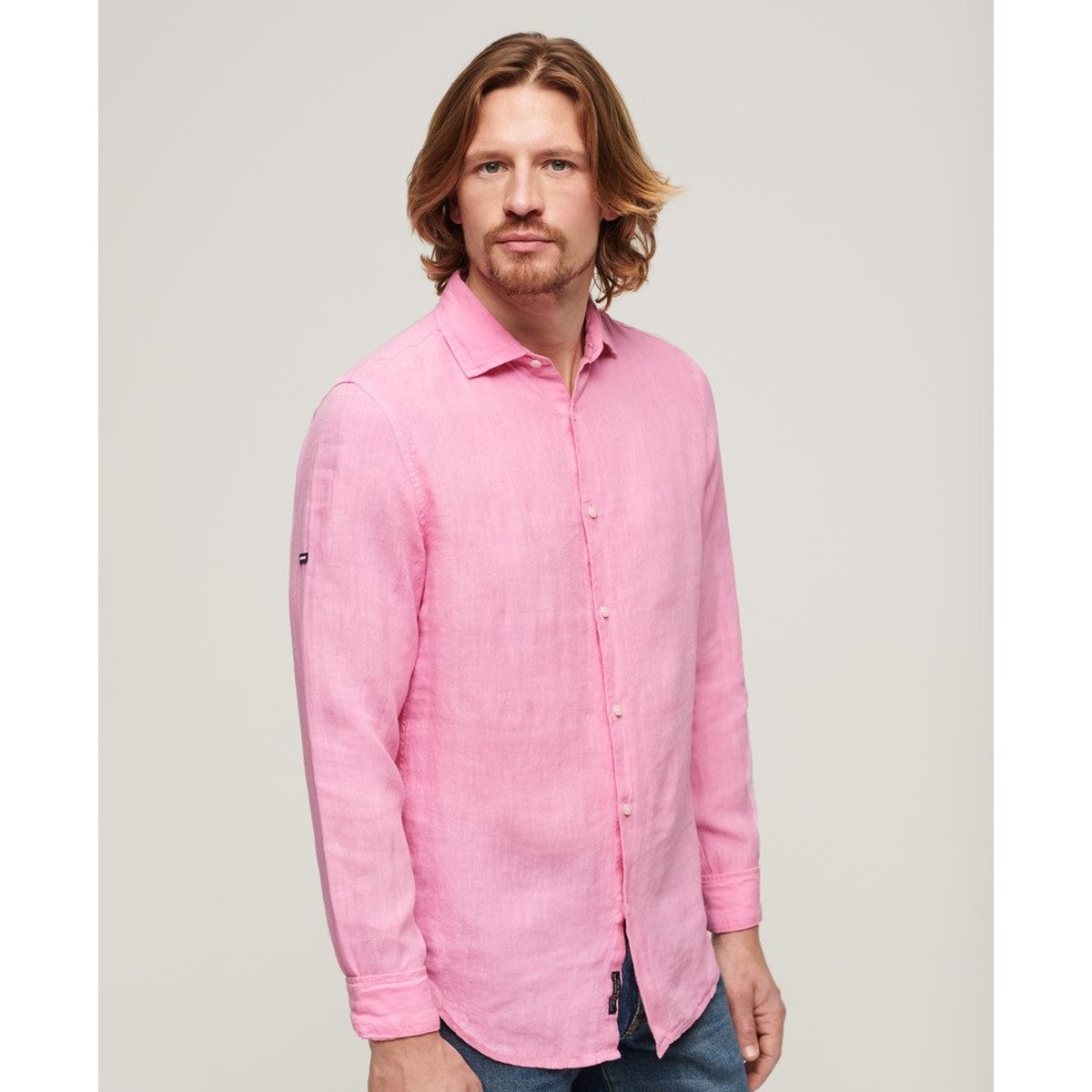 Chemise manches longues en lin rose fuchsia, SUPERDRY