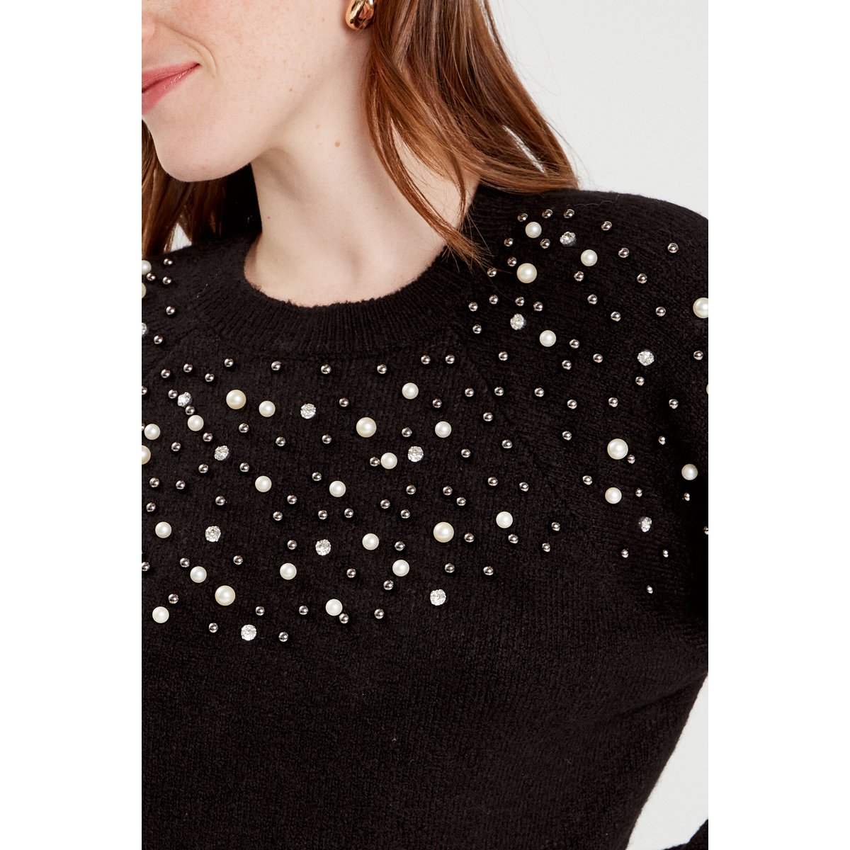 Pull perles et détails bijoux noir, CACHE CACHE