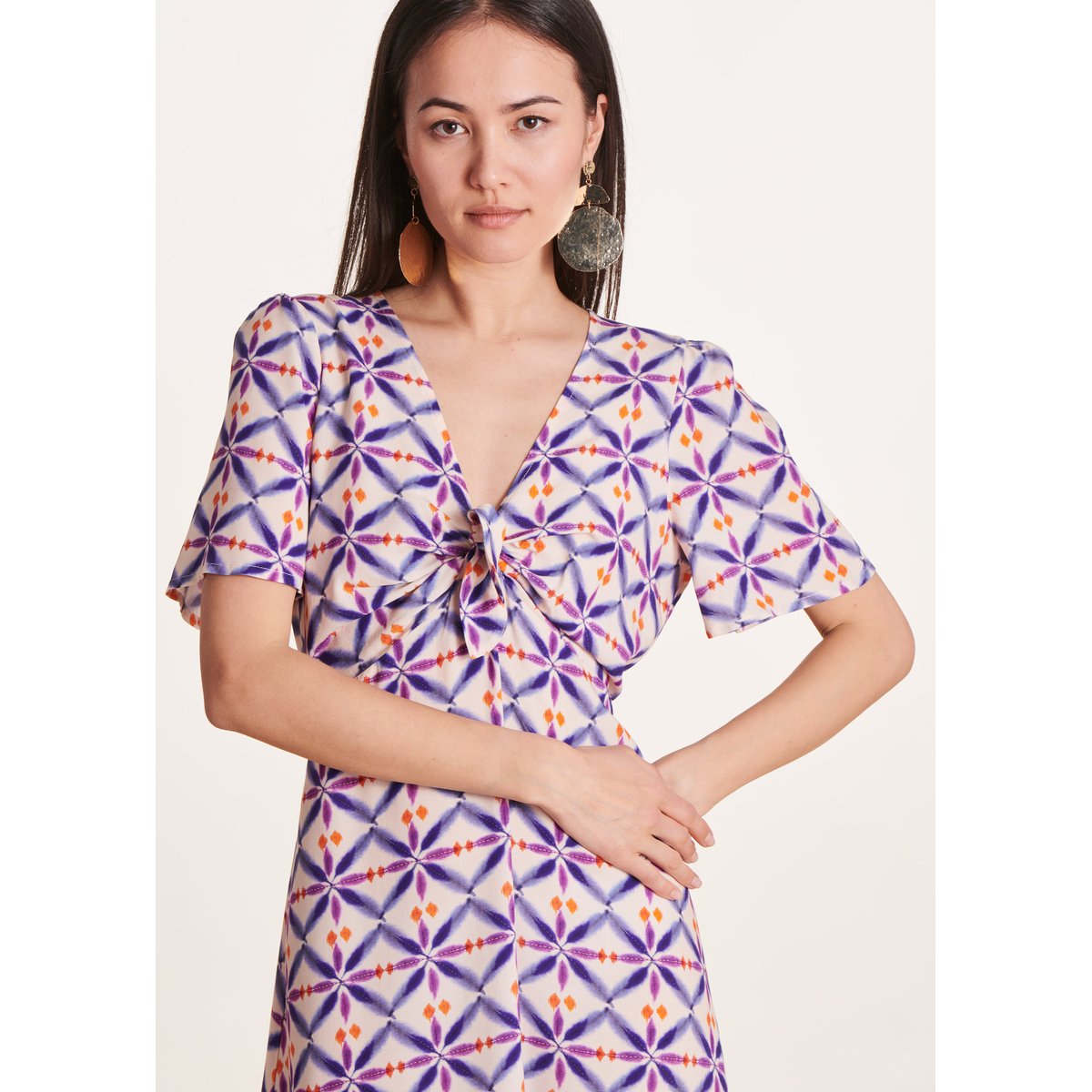 Robe mi-longue à imprimé manches courtes violet, LA FEE MARABOUTEE