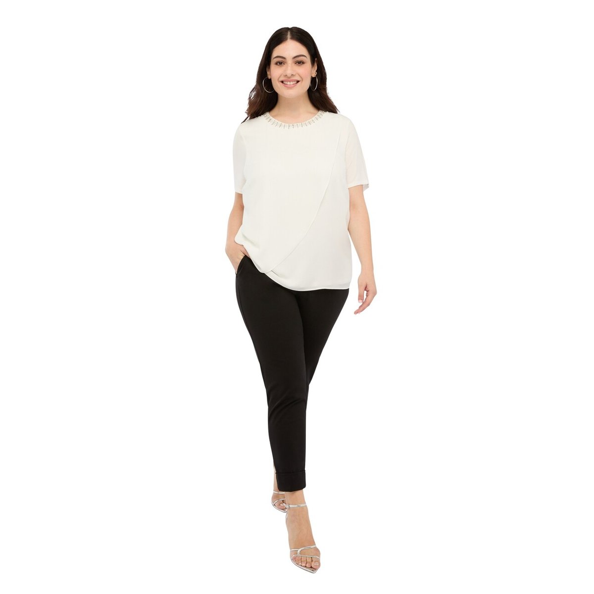 T-shirt bimatière avec applications bijoux blanc, FIORELLA RUBINO