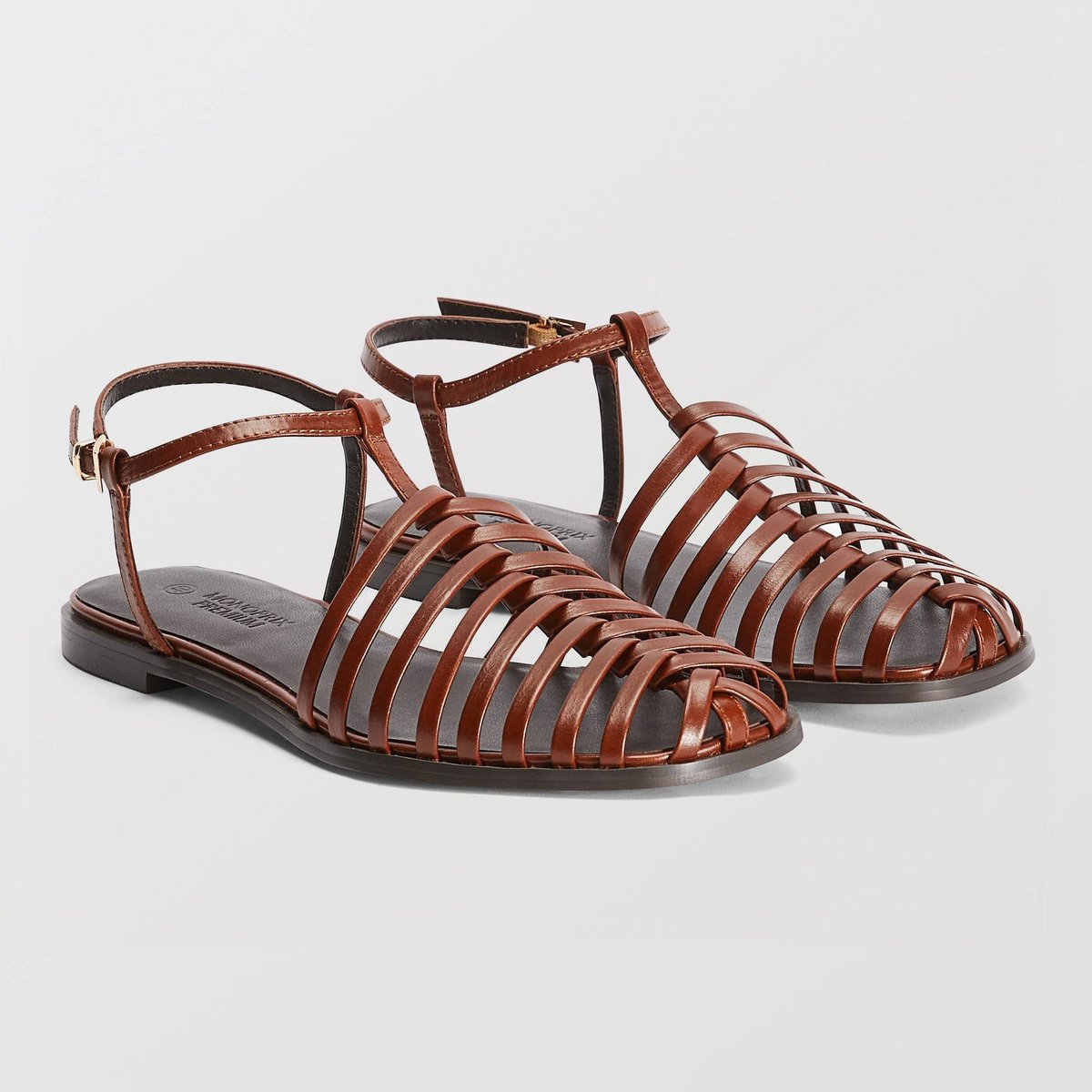 Sandales multi brides en cuir marron, MONOPRIX