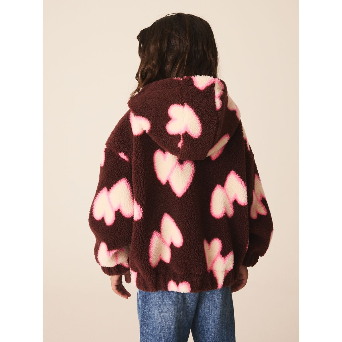 Veste à capuche zippée en peau lainée cœur marron/rose, NEXT