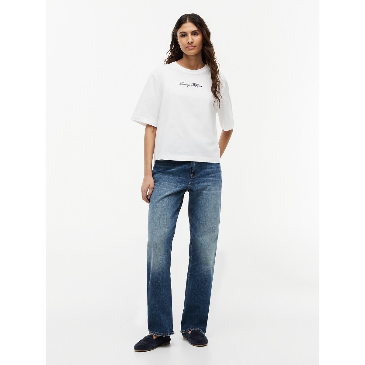 T-shirt trapèze col rond avec logo ecru, TOMMY HILFIGER