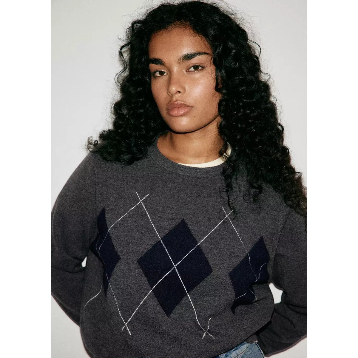 Pull maille losanges gris chiné moyen, MANGO