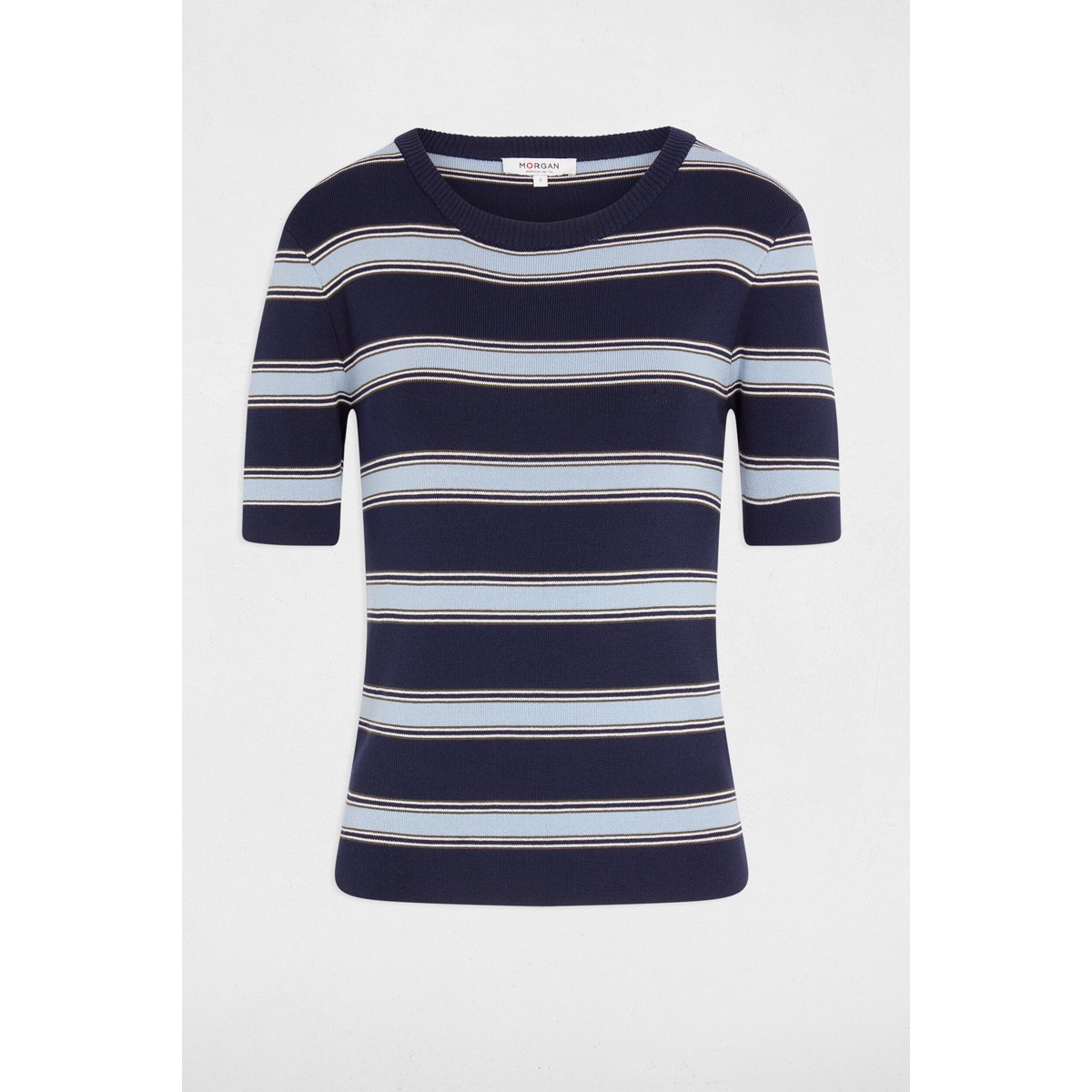 Pull ajusté manches courtes bleu marine, MORGAN