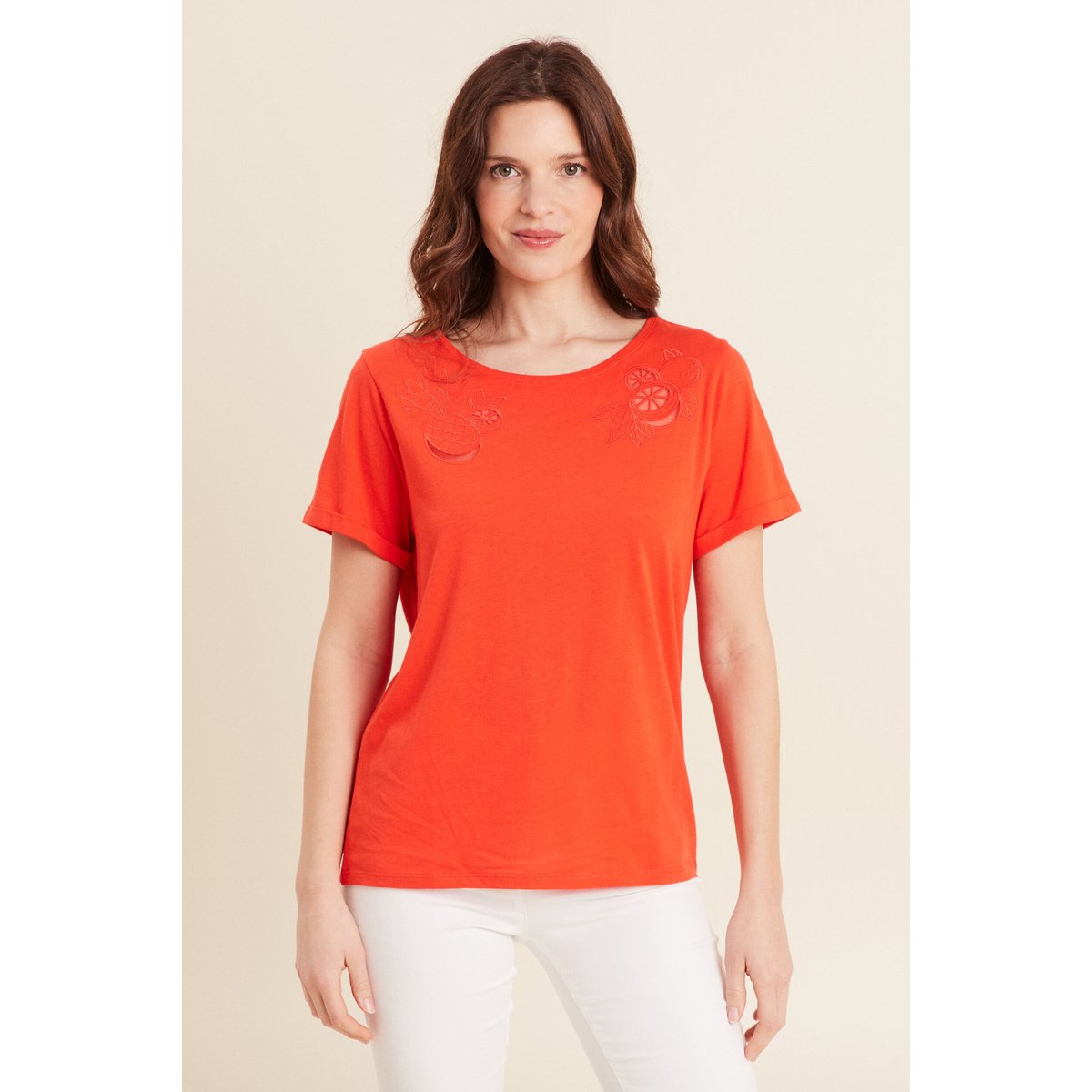 T-shirt manches courtes brodé orange foncé, BREAL