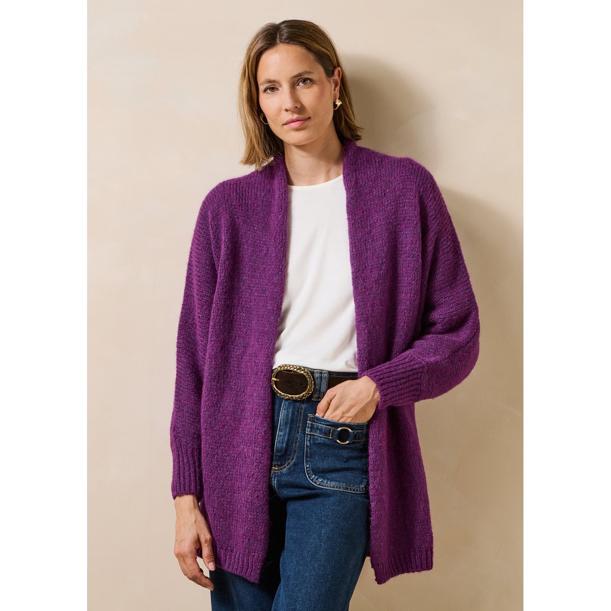 Gilet mi-long oversize en maille irisée cassis, LA FEE MARABOUTEE