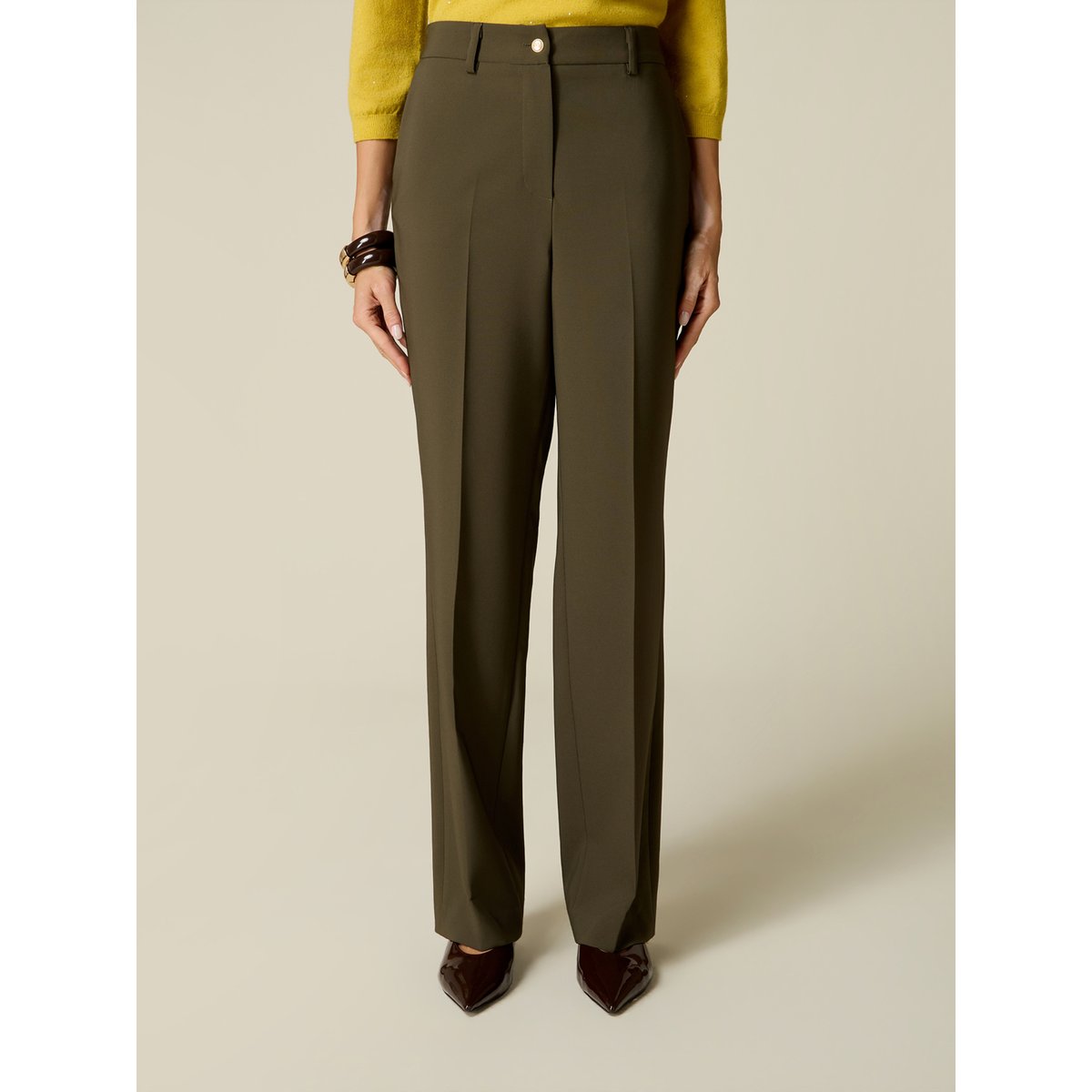Pantalon palazzo tailleur à pinces verde militare, OLTRE
