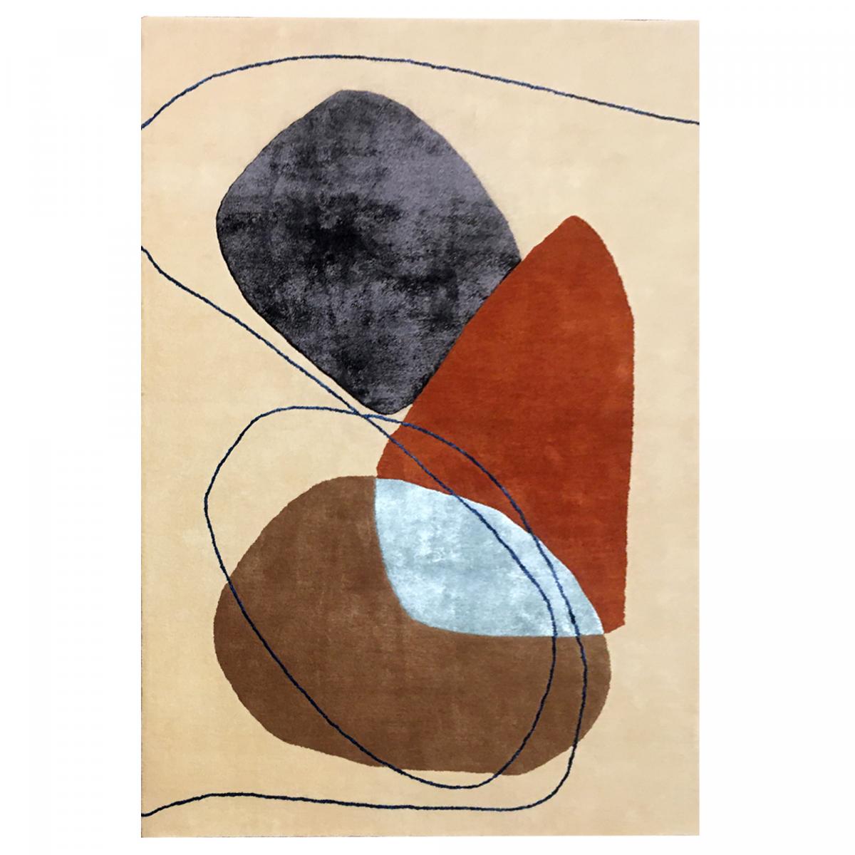 Tapis salon et chambre fait main en laine motif géométrique AZUR beige, orange,marron, noir, UN AMOUR DE TAPIS