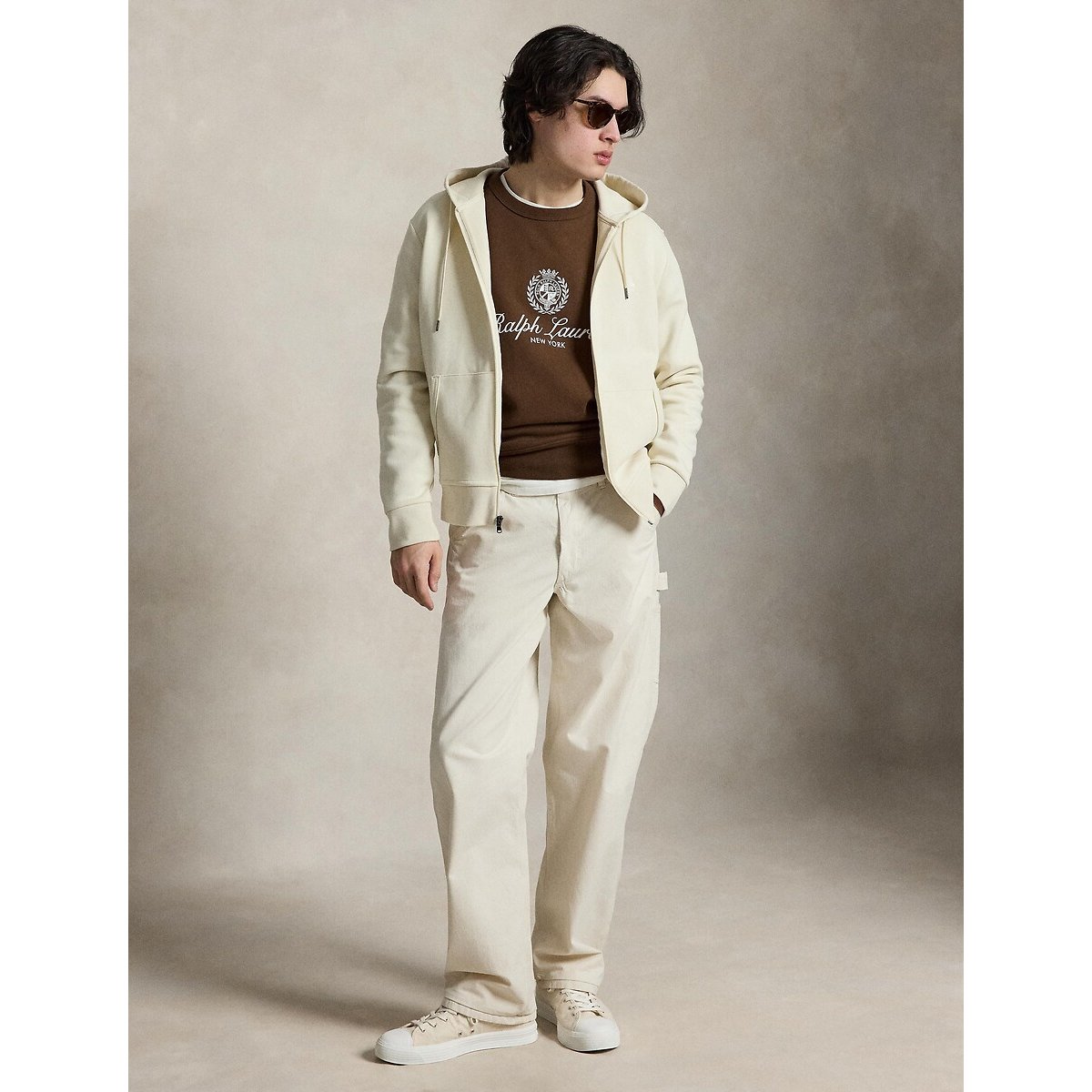Sweat zippé à capuche, en maille double beige, POLO RALPH LAUREN