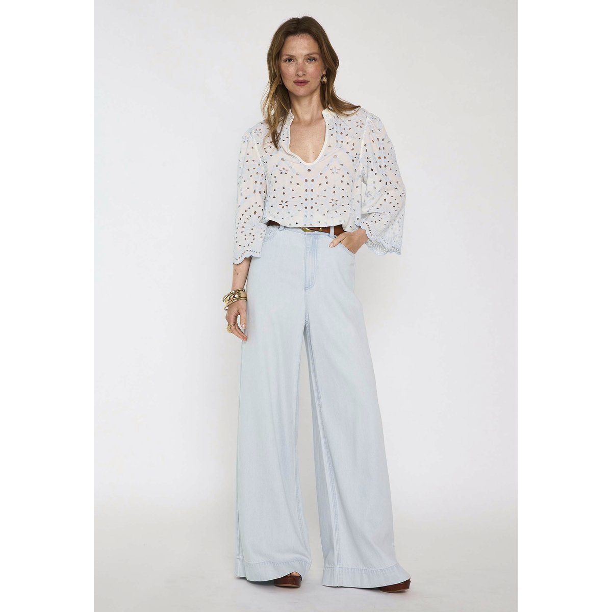 Blouse brodée à manches larges en coton DESILIA glacier, Maison 123