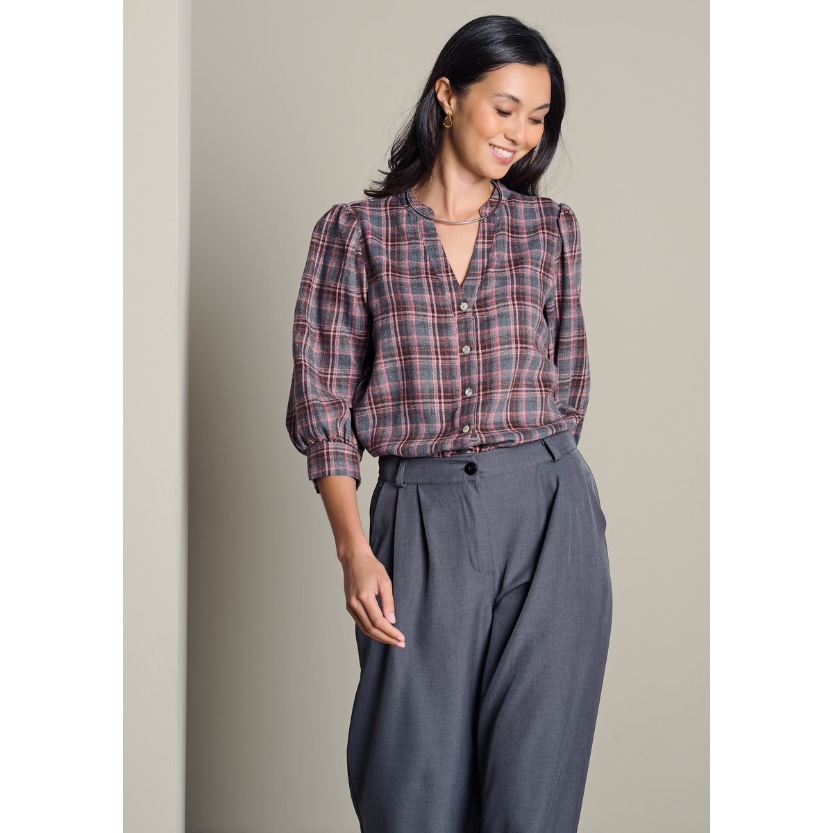Blouse à carreaux manches ballon gris clair, LOLALIZA