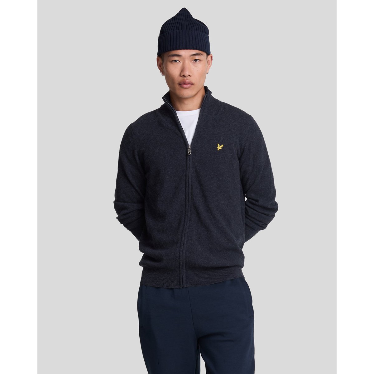 Cardigan en mélange de laine zippé bleu foncé marine chiné, LYLE & SCOTT
