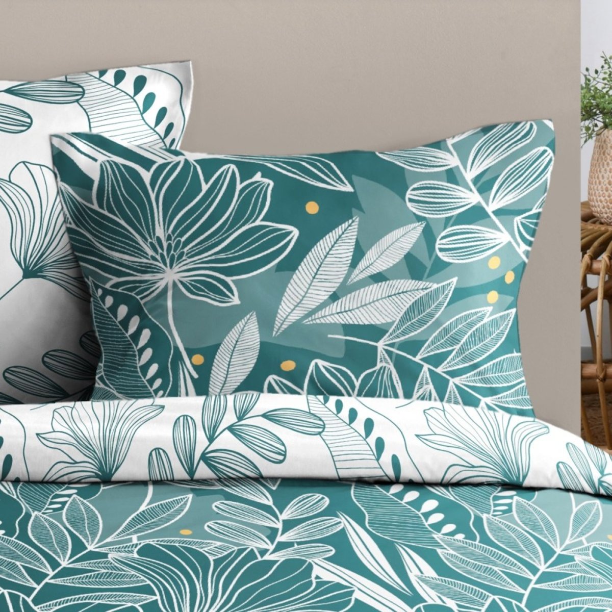 Housse de couette 100% coton 57 fils + 2 taies d’oreiller vert, DECORATIE