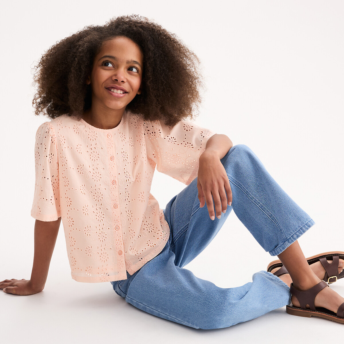 Blouse manches courtes en broderie anglaise rose, LA REDOUTE COLLECTIONS