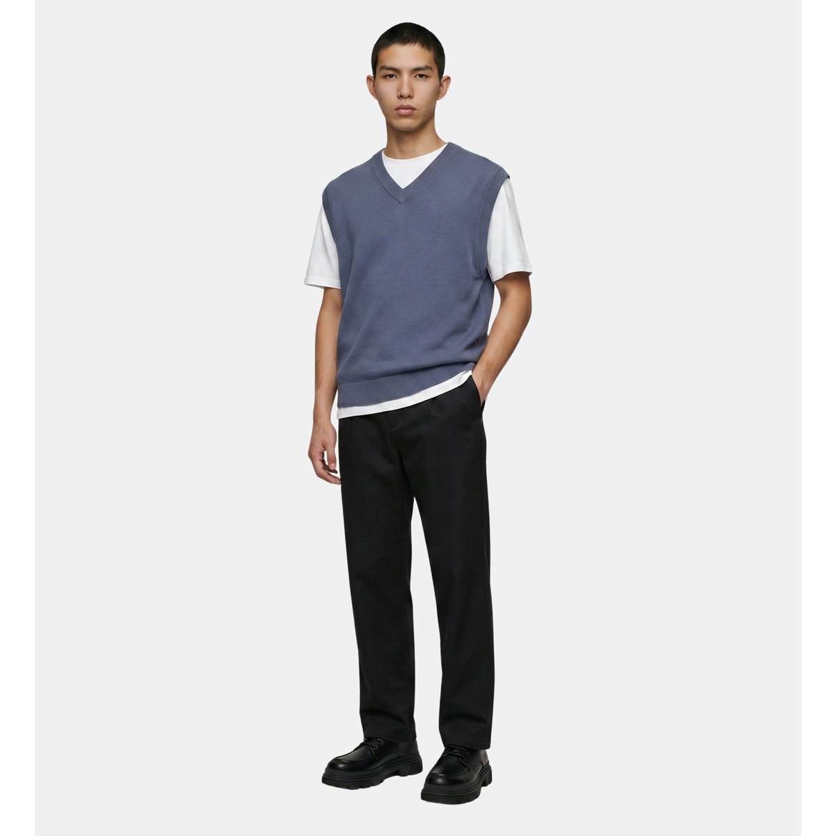 Pull rebard sans manches en laine bleu nuit, GALERIES LAFAYETTE