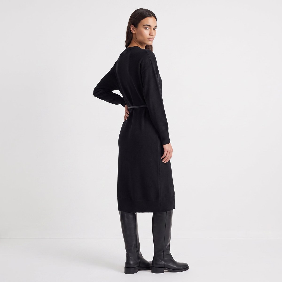Robe femme midi maille ceinture amovible col rond ARALYS black, ARTLOVE