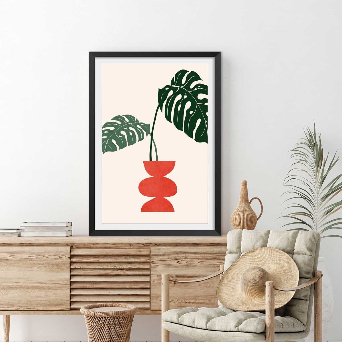 Affiche fleurs Deco vase monstera affiche + cadre en bois - noir, HEXOA