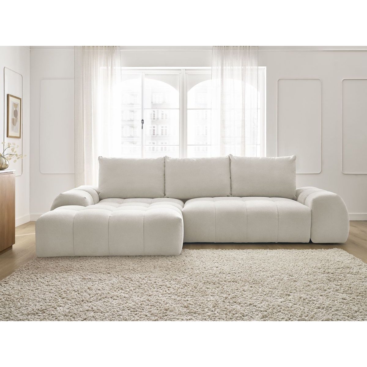 Canapé d'angle convertible 3 places en tissu texturé, EVEREST blanc, BOBOCHIC
