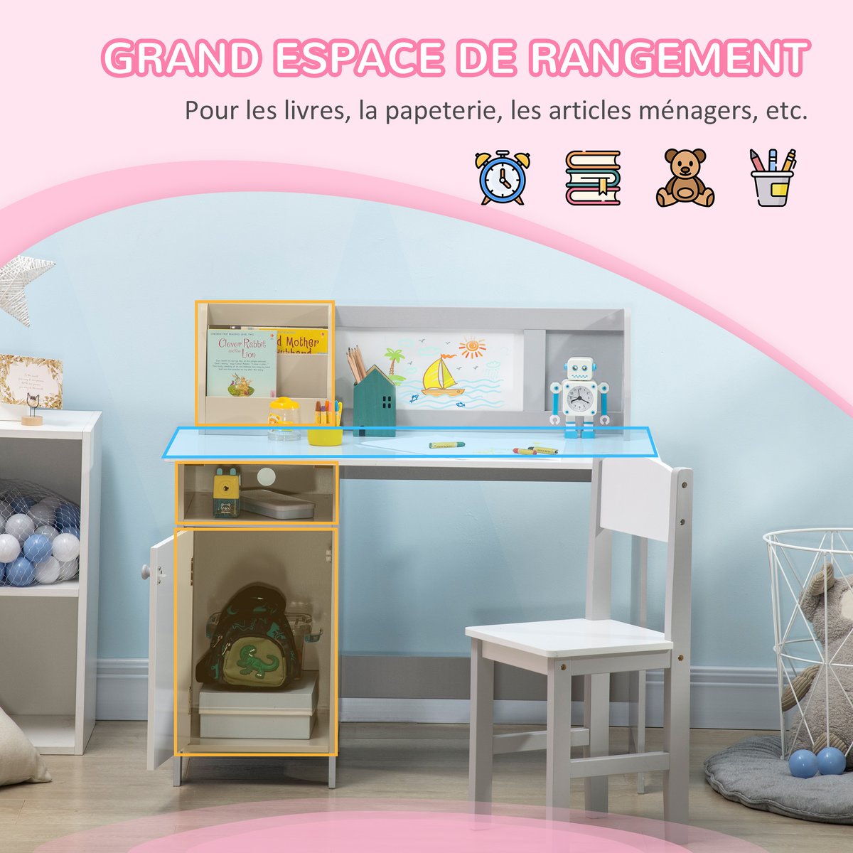 Bureau d'étude pour enfants avec chaise MDF gris, HOMCOM