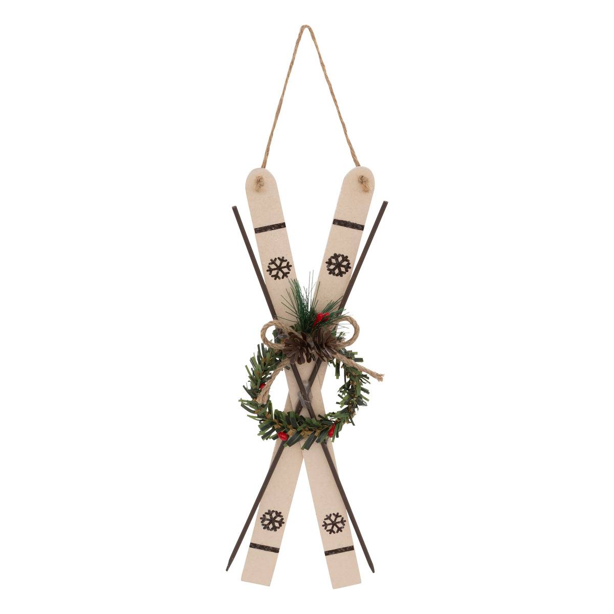 Suspension de sapin couronne et paire de skis en bois 26 cm multicolore, FEERIC LIGHTS & CHRISTMAS