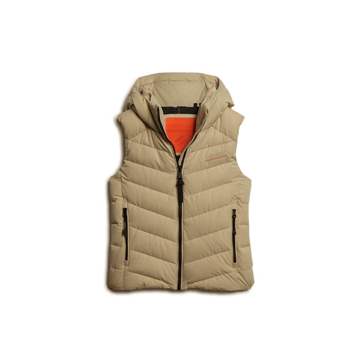 Doudoune sans manches à capuche en microfibre beige pélican, SUPERDRY