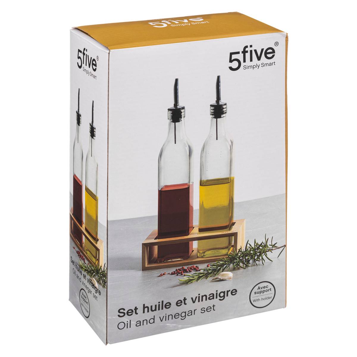 Set 2 bouteilles huile/vinaigre verre avec support transparent, 5FIVE SIMPLY SMART