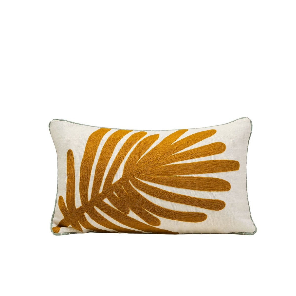 Housse De Coussin en Feuille de palmier brodée TROPI ecru et moutarde, MADURA