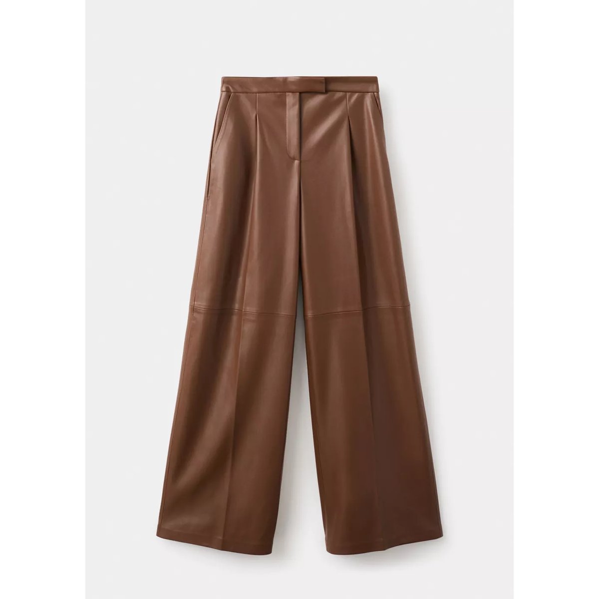 Pantalon large en cuir synthétique marron moyen, MANGO