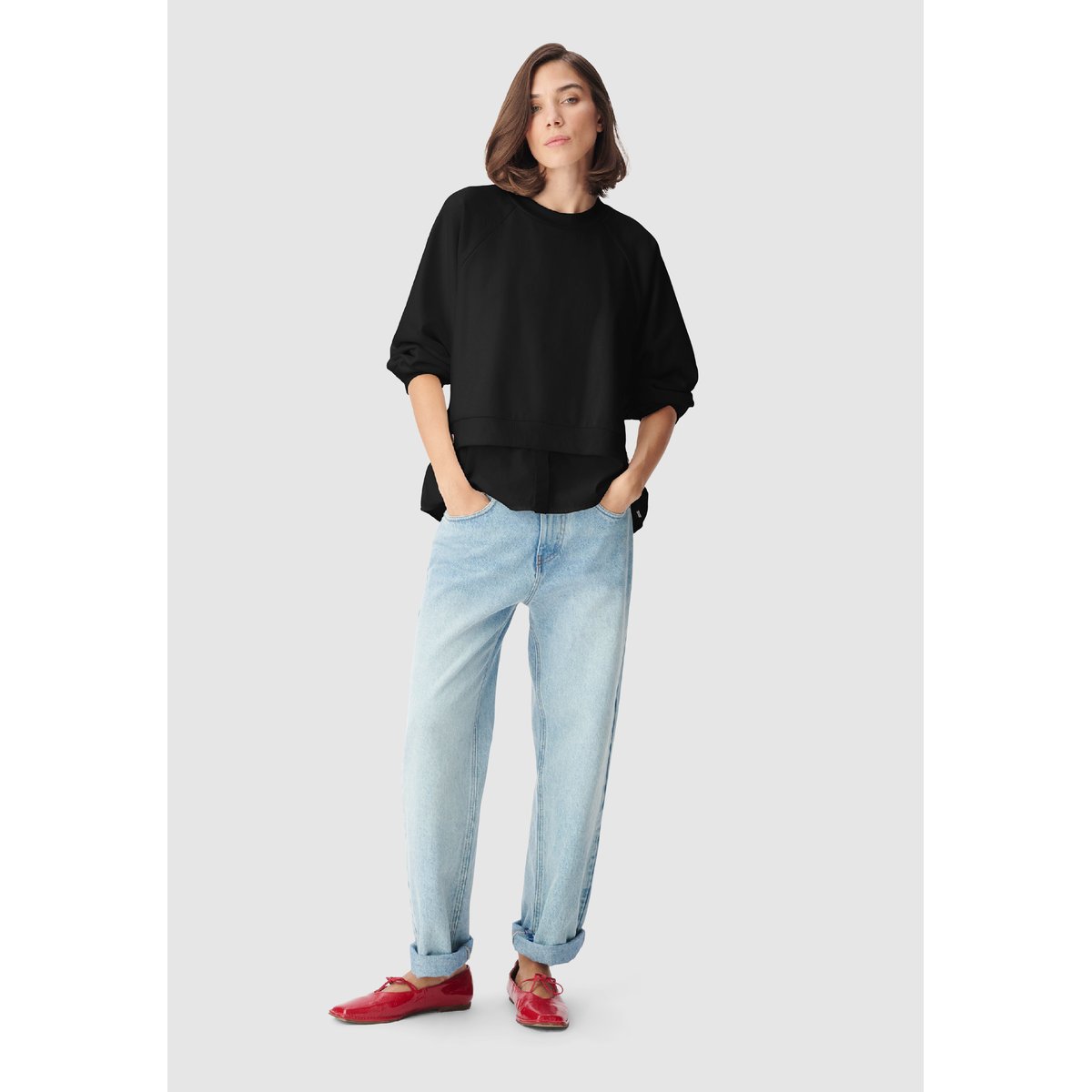 Sweat bi-matière trompe-l'oeil chemise noir, IKKS