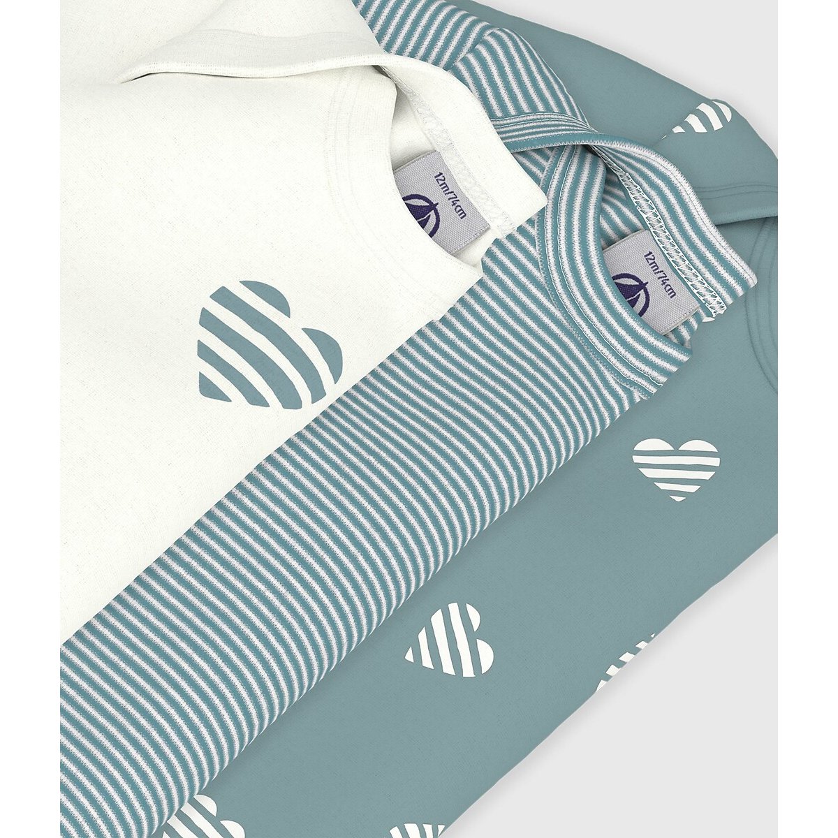 3er-Set Langarm-Bodys, Herzchen-Print weiss + grün, PETIT BATEAU