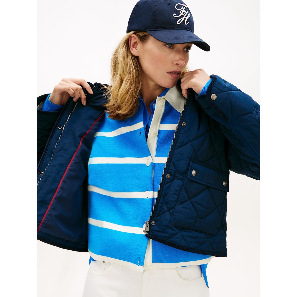 Giacca corta trapuntata con collo a polo navy, TOMMY HILFIGER